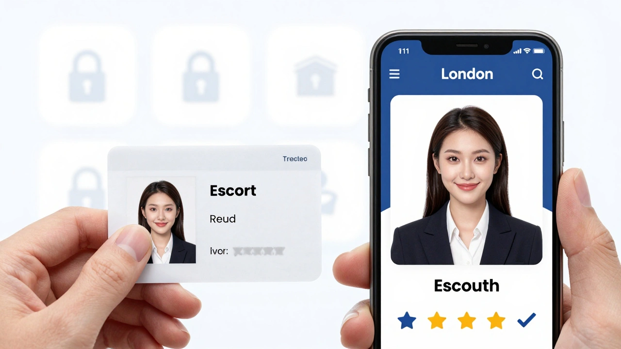 A verified escort profile on a London companionship platform, showing matching ID and professional photo with security indicators.