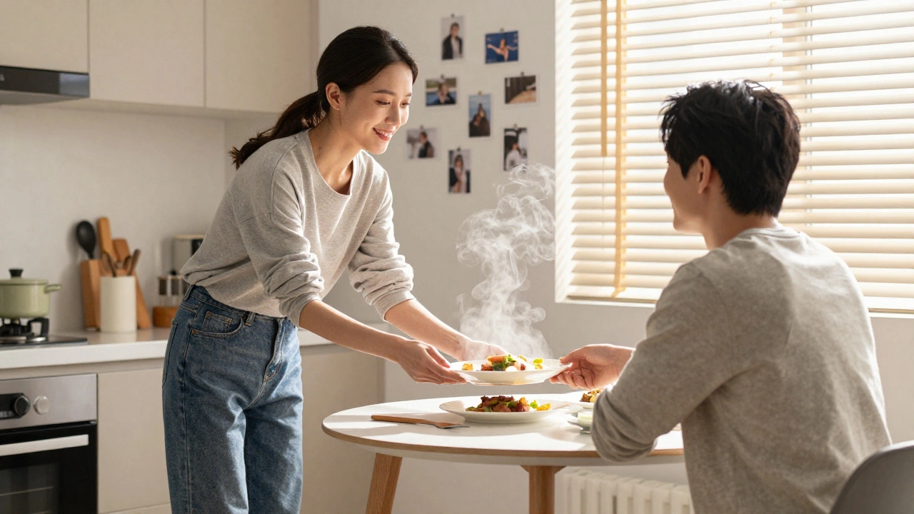 A woman handing food to a man in a cozy kitchen, sunlight streaming in, atmosphere of quiet companionship.