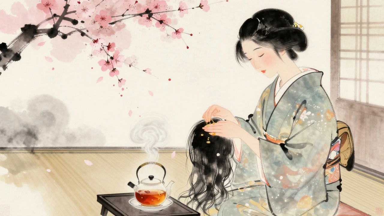 A woman massaging oil into her scalp at dawn among falling cherry blossoms.