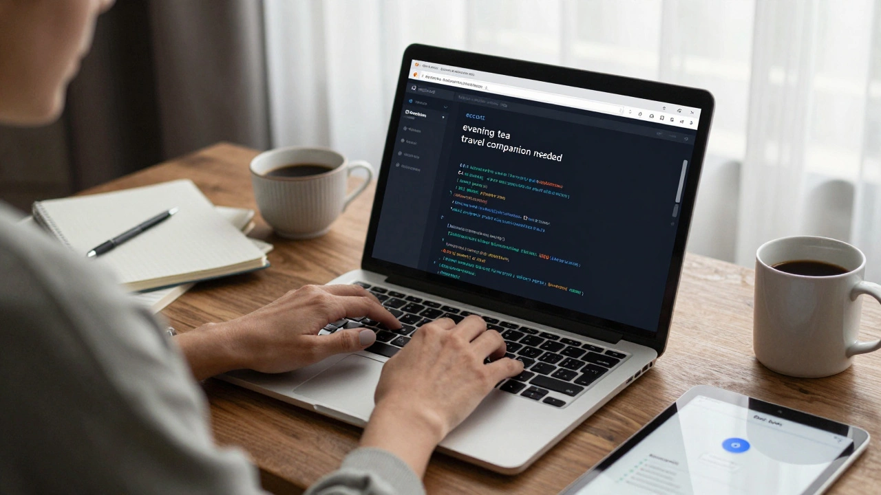 A woman types on a laptop in a cozy apartment, screen showing coded escort profile language, surrounded by personal items.