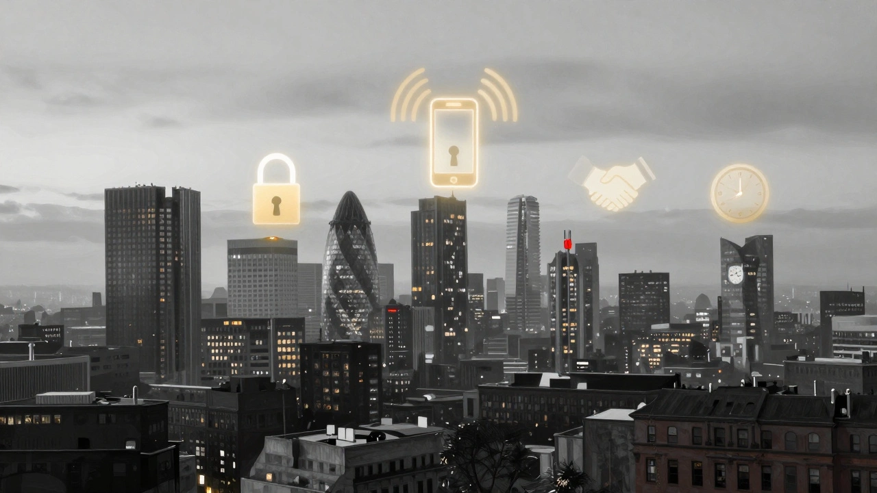 An abstract cityscape with glowing symbols representing discretion, safety, and hidden companionship in urban life.