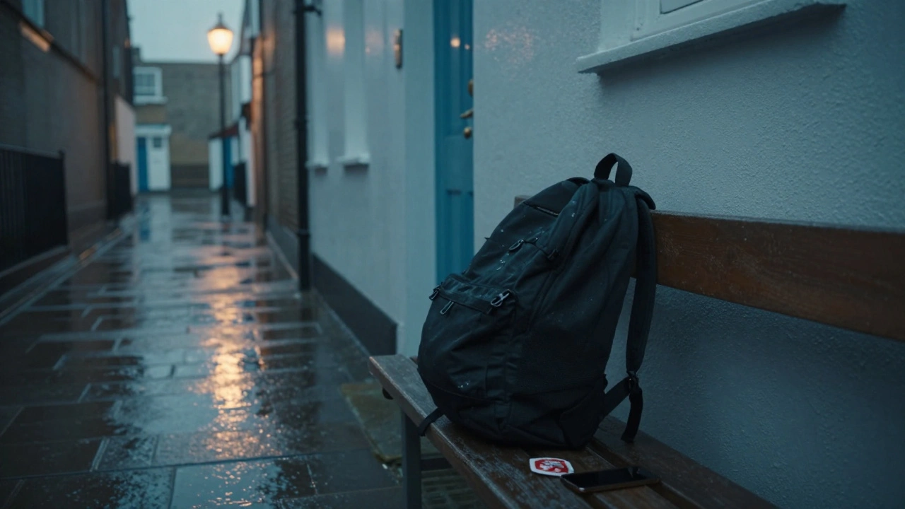 An empty alley behind a hostel at dawn, with a backpack and condom wrapper on a bench.