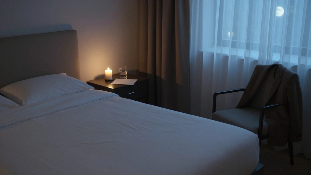 An empty hotel room at night with a flickering candle and folded note, evoking the memory of emotional connection.
