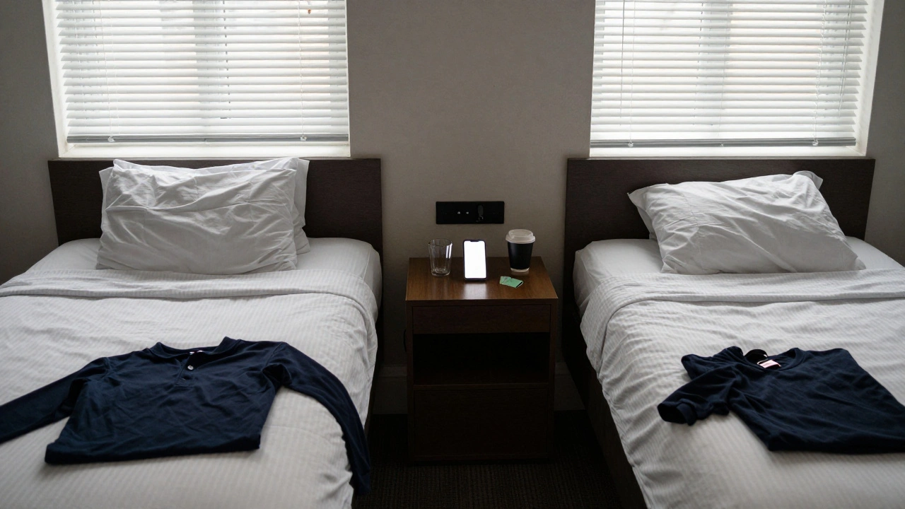 An empty hotel room with two separate beds, morning light revealing no shared connection.