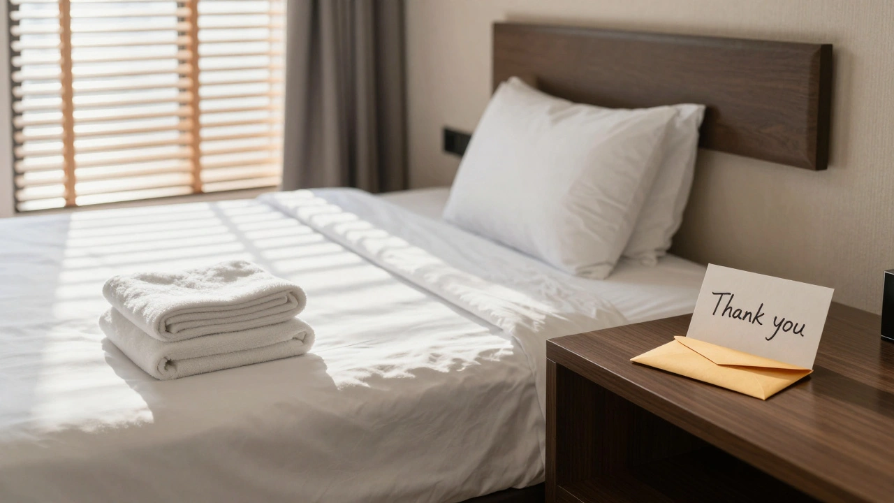 An empty, tidy hotel room at dawn with a tip envelope and note, representing respectful closure and dignity.