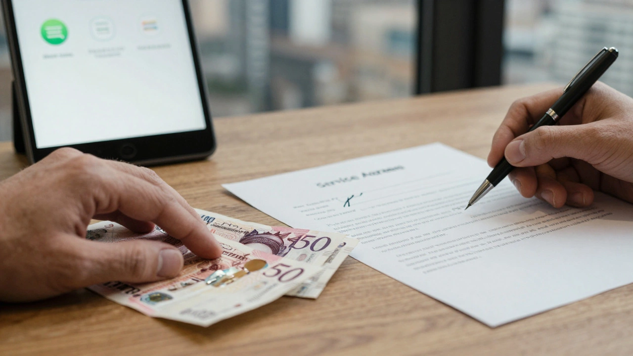 Cash and a signed service agreement on a wooden table, with an encrypted messaging app visible on a nearby phone.