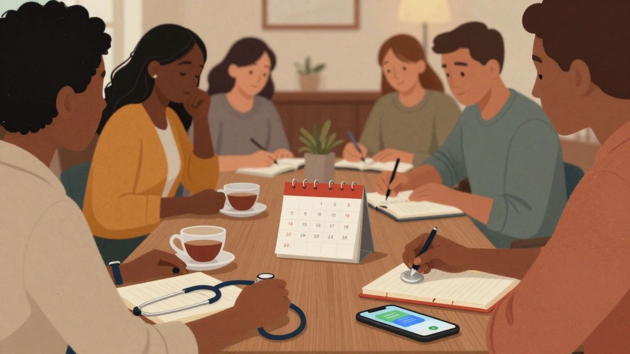 Diverse group of sex workers in a quiet London space sharing tea and journaling together.