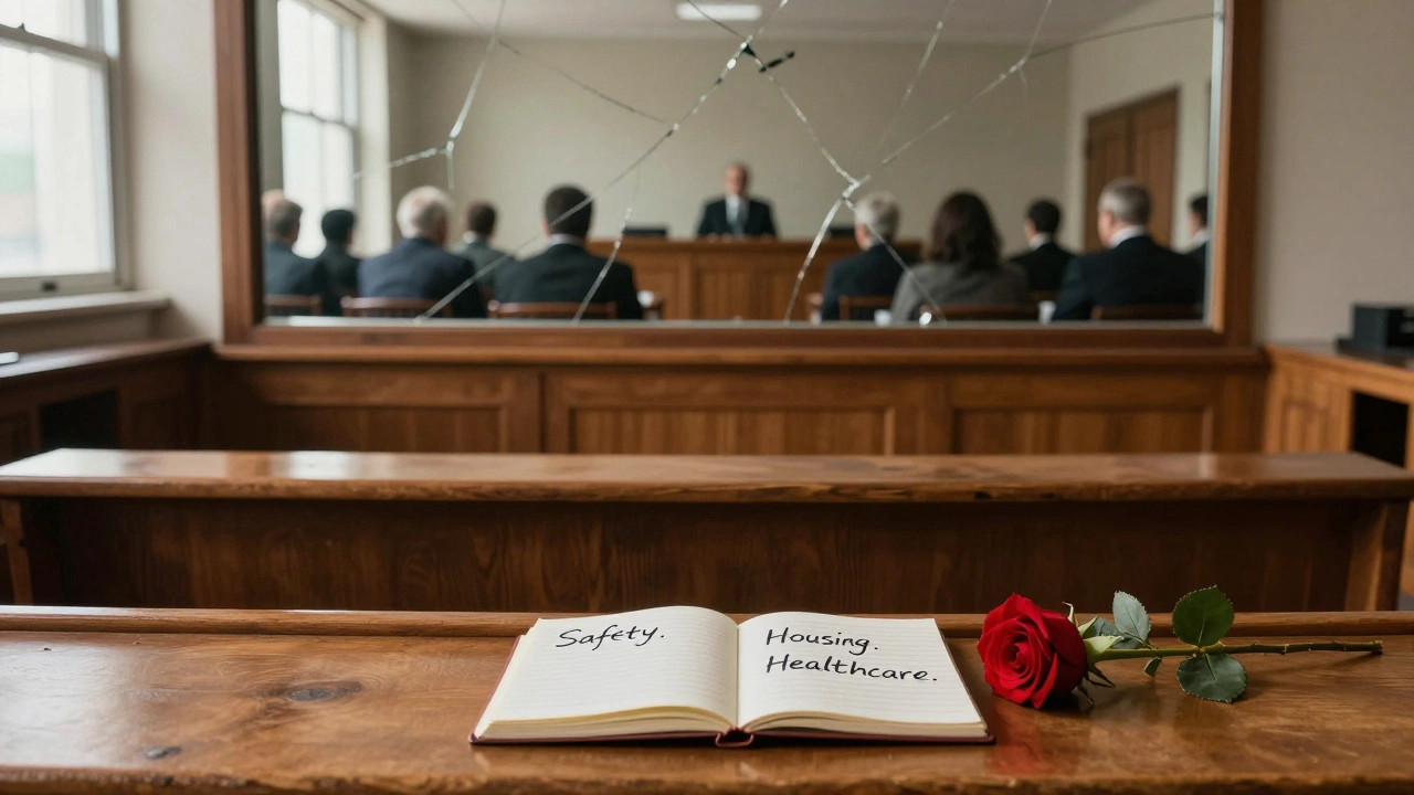 Empty courtroom with a mirror reflecting lawmakers, a notebook and red rose on a bench, symbolizing silenced voices.
