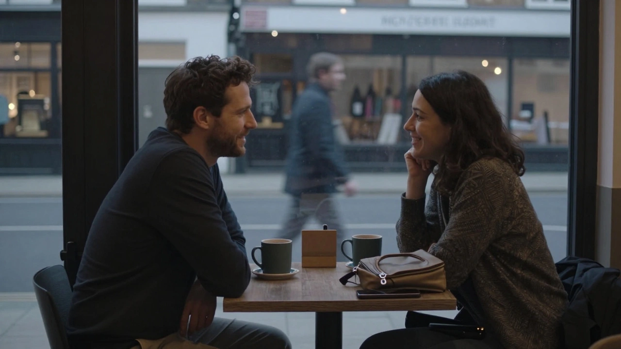 First meeting at a Camden café: two people smiling over coffee, natural lighting, quiet urban setting at dusk.