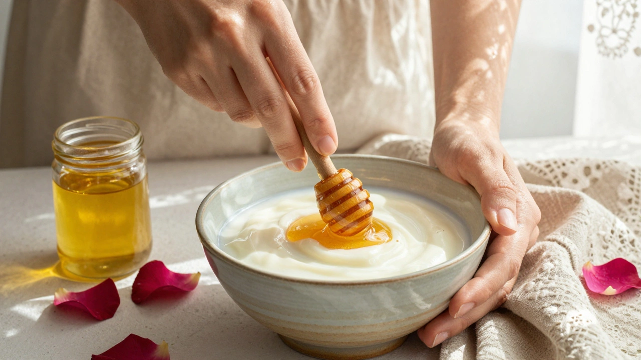 Hands mixing honey and milk into a natural face mask with rose petals nearby.