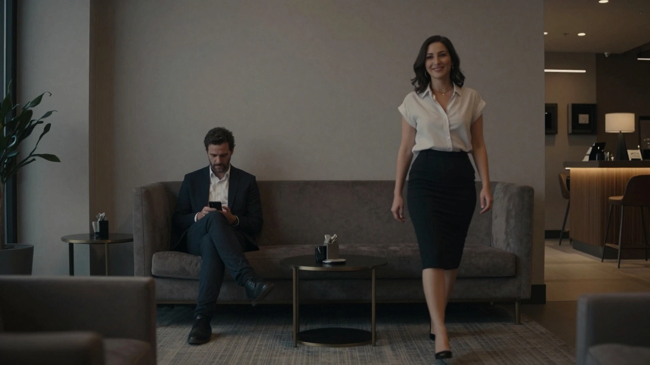 Man waiting in a hotel lobby as a woman approaches, both maintaining respectful distance.