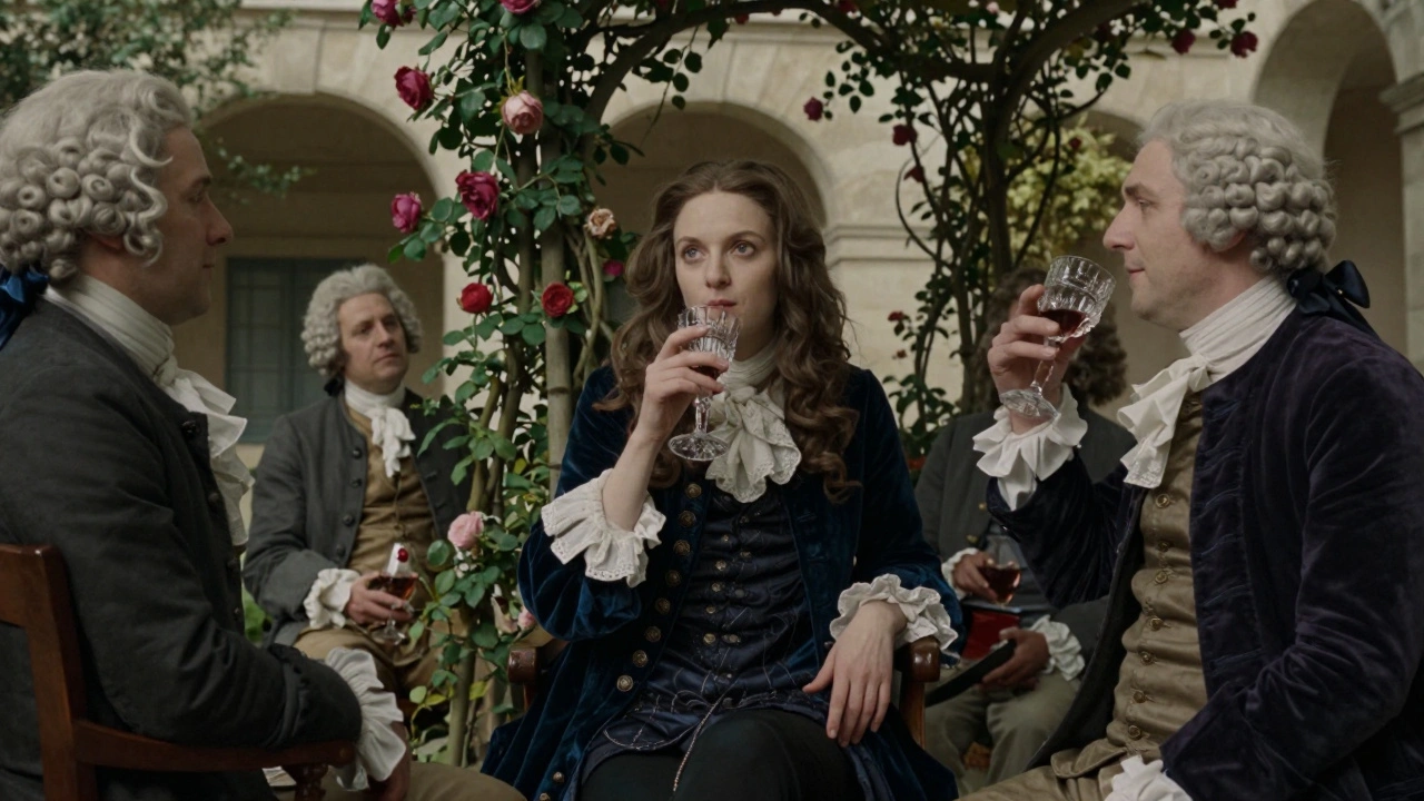 Ninon de Lenclos hosting philosophers in a moonlit Parisian courtyard.