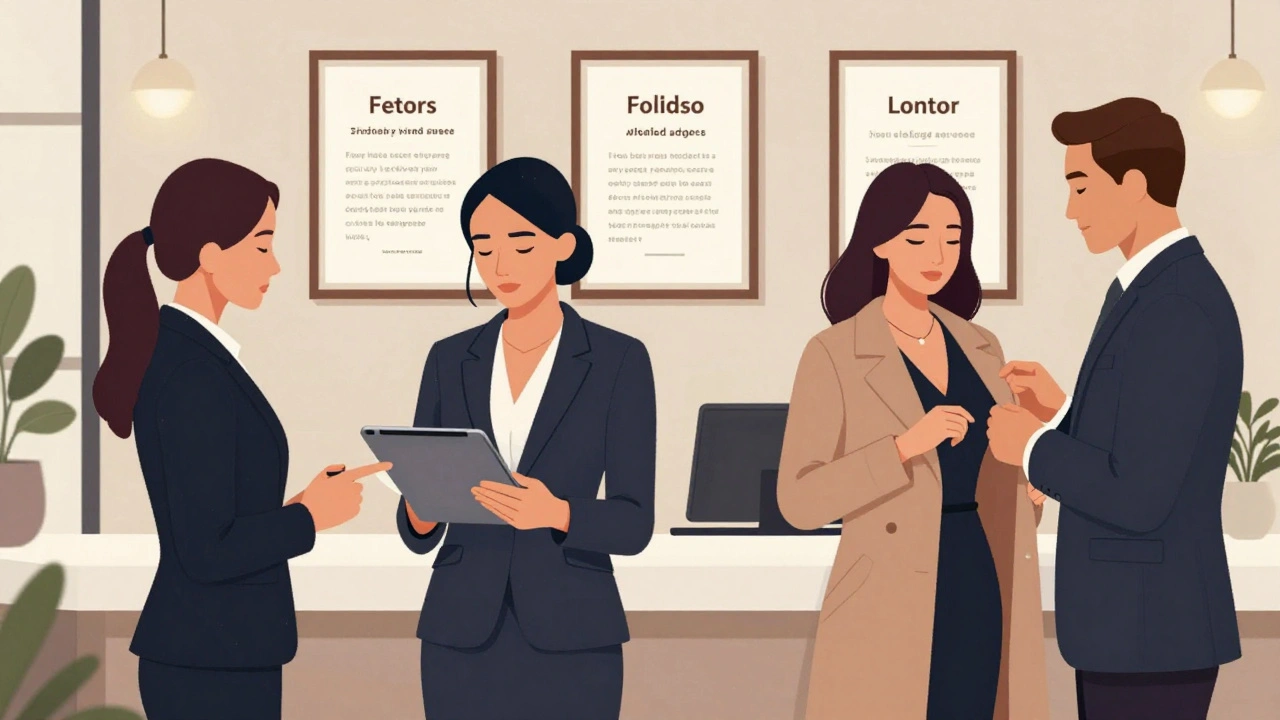 Professional Asian companions in a modern agency lobby, reviewing client details.