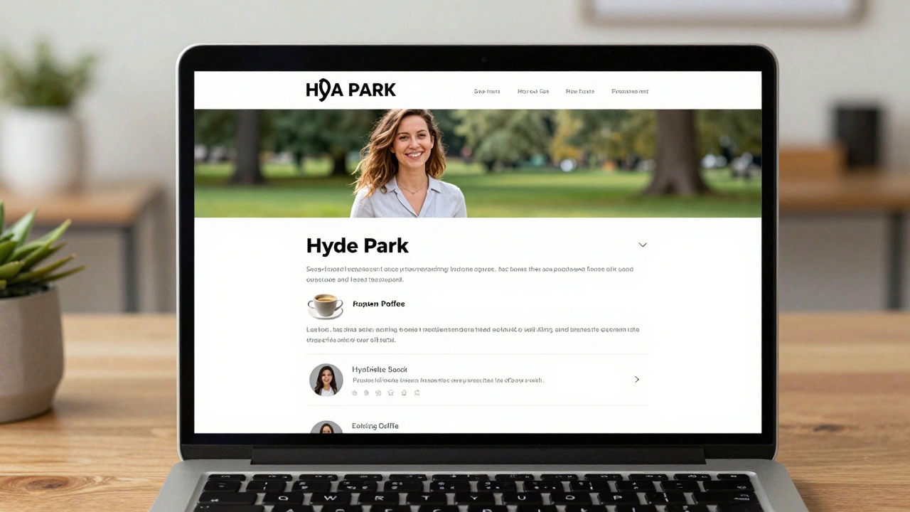 Professional escort profile on a laptop showing natural photos, detailed bio, and real client reviews in a home office.