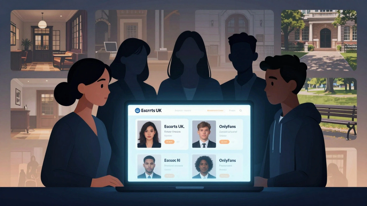 Silhouetted individuals managing professional escort profiles on digital platforms, representing diverse backgrounds and autonomy.