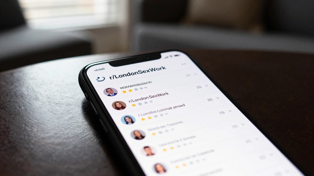 Smartphone screen showing a moderated London sex work forum with review snippets, reflected on a table.