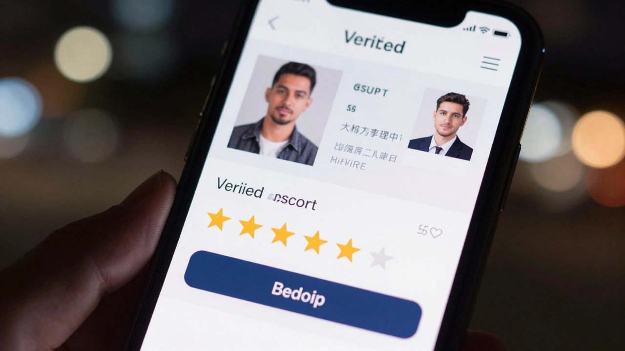 Smartphone screen showing verified escort profile with reviews and booking confirmation