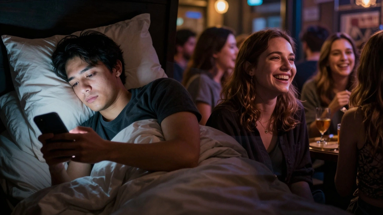 Split image: one side shows someone scrolling through social media alone at night, the other shows the same person smiling among friends but emotionally distant.