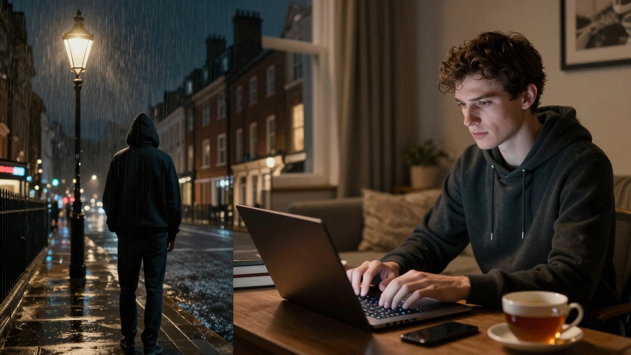 Split image: street corner vs private flat, contrasting old and modern realities of sex work in London.