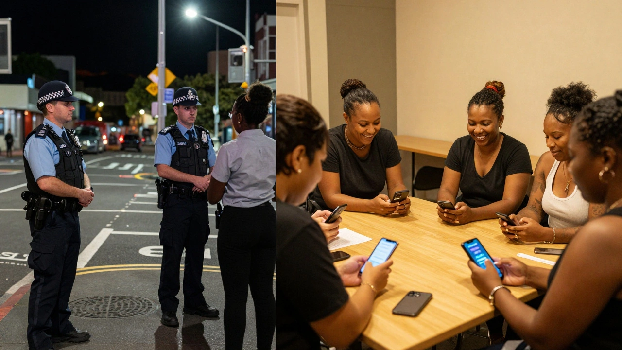 Split image: UK police harassing a woman of color vs. New Zealand sex workers meeting safely at a community center.