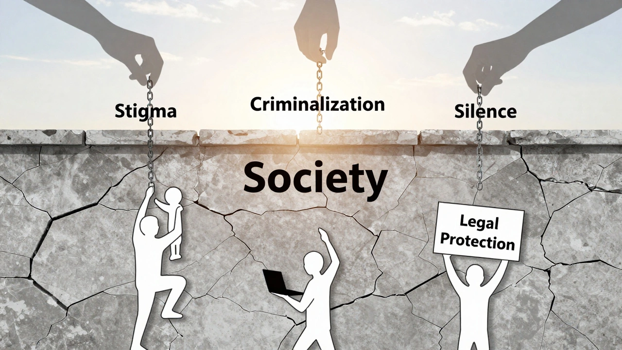 Three people climb a cracked wall labeled 'Society' as chains fall away, with dawn light breaking above.