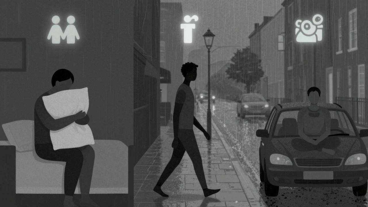 Three solitary figures symbolize loneliness, comfort, and emotional release—representing why people seek companionship through escort services.