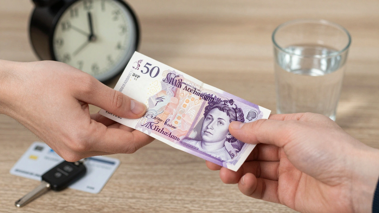 Two hands exchanging cash in a hotel setting, with a clock showing time is nearly up, symbolizing punctuality and fair payment.