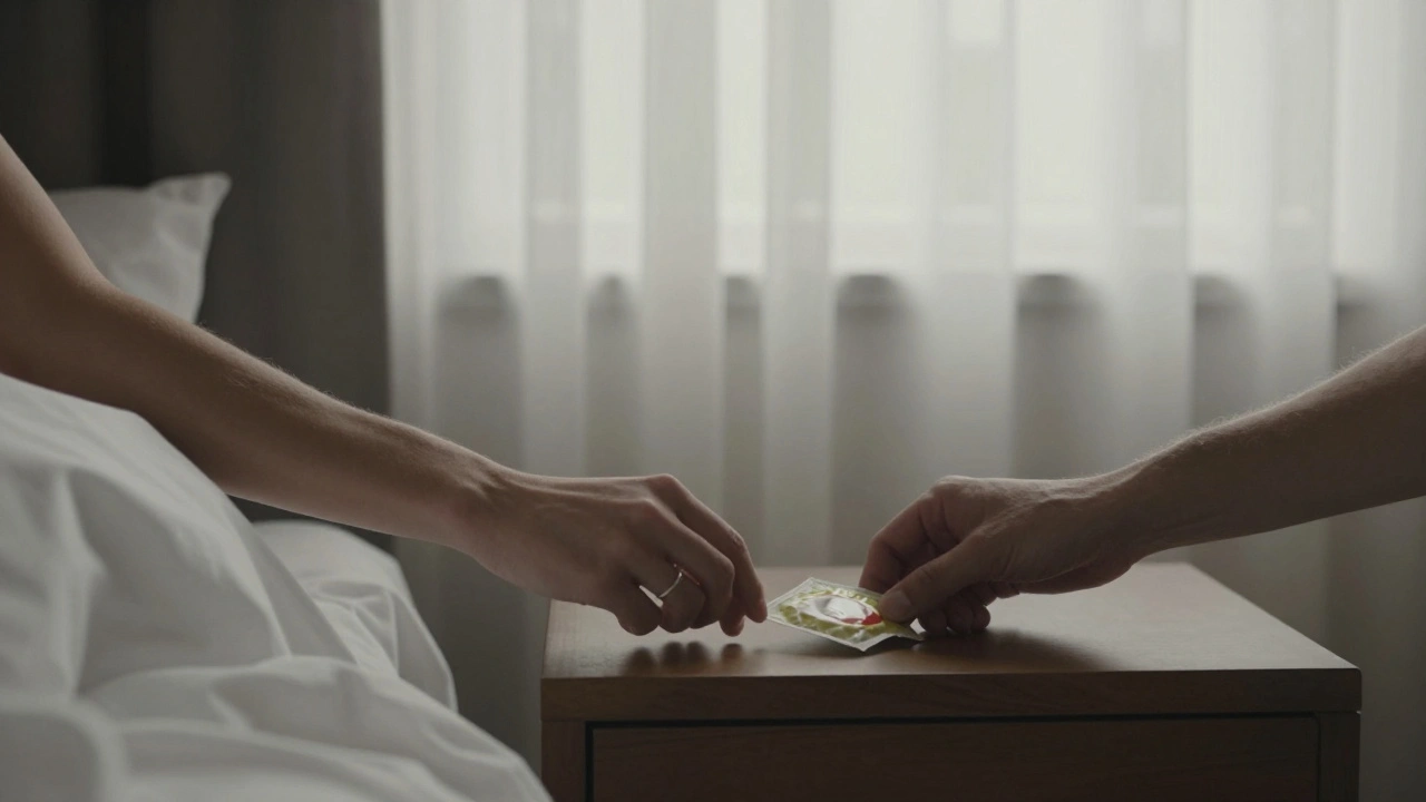 Two hands reaching for a condom on a hotel nightstand, morning light filtering through curtains.