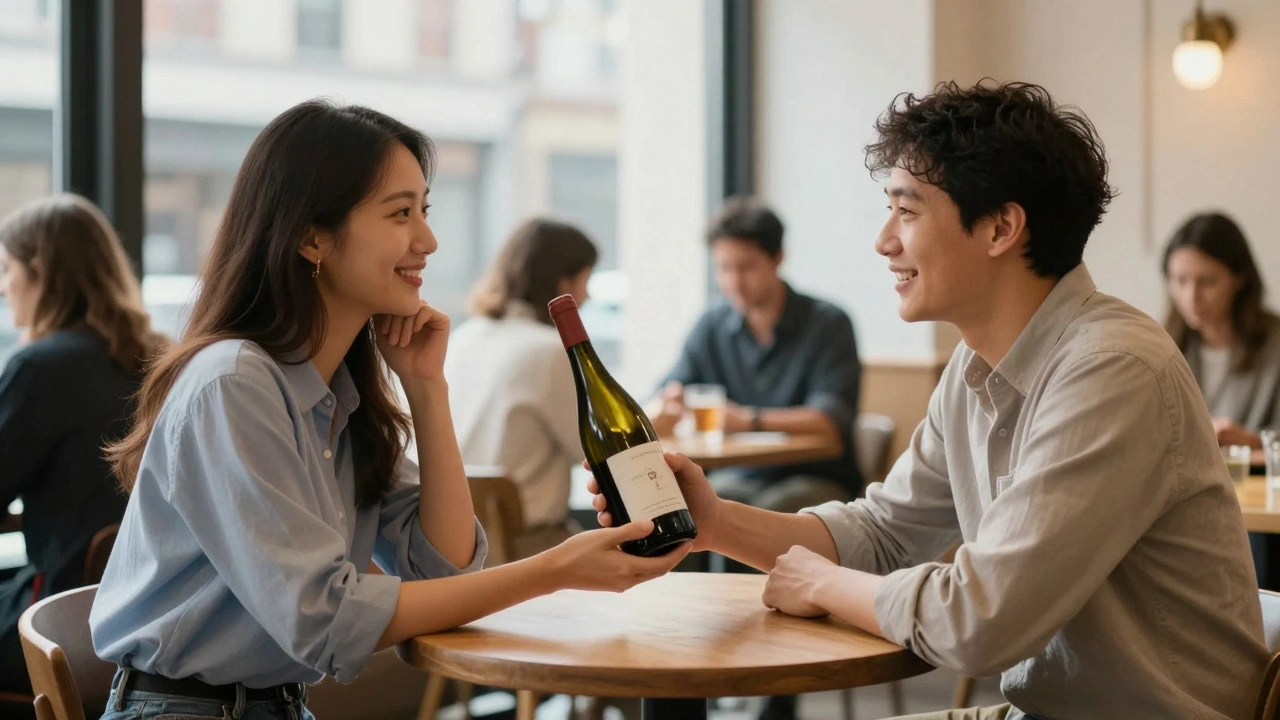 Two people meeting at a Soho café, one offering wine, conveying honest, no-strings casual connection.