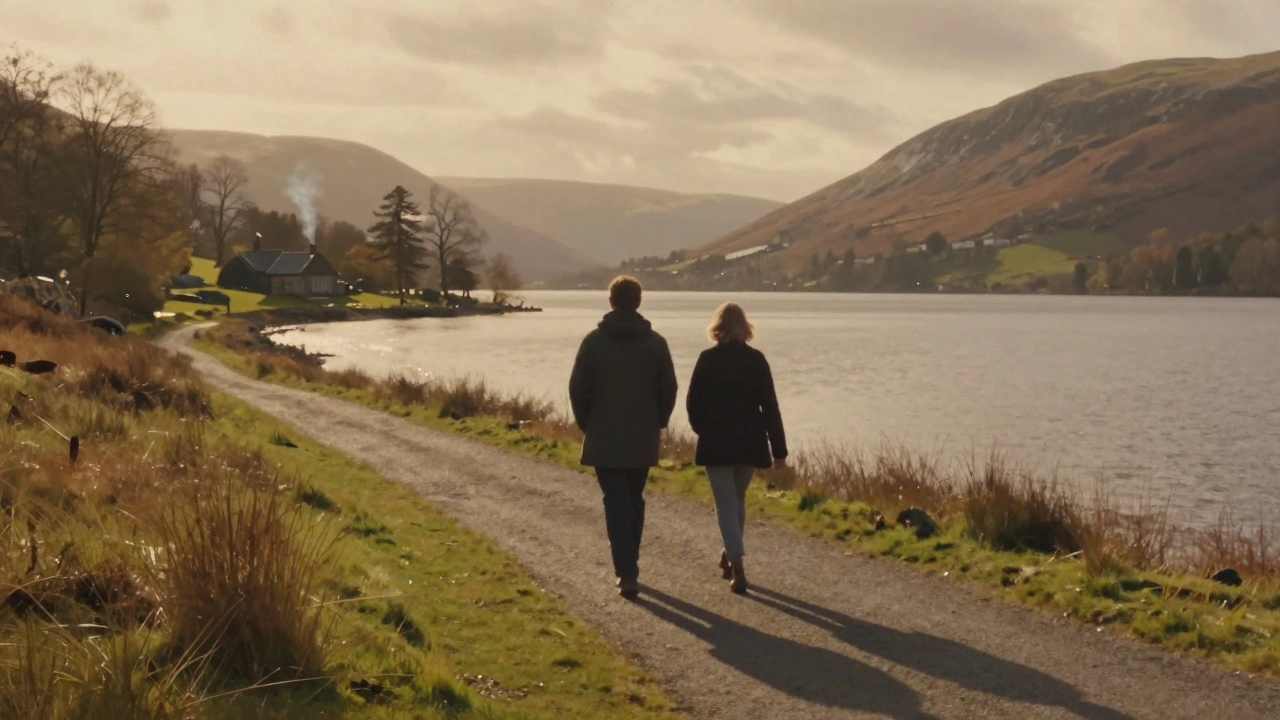 Two people walking peacefully along a lakeside path in the Lake District at sunset.