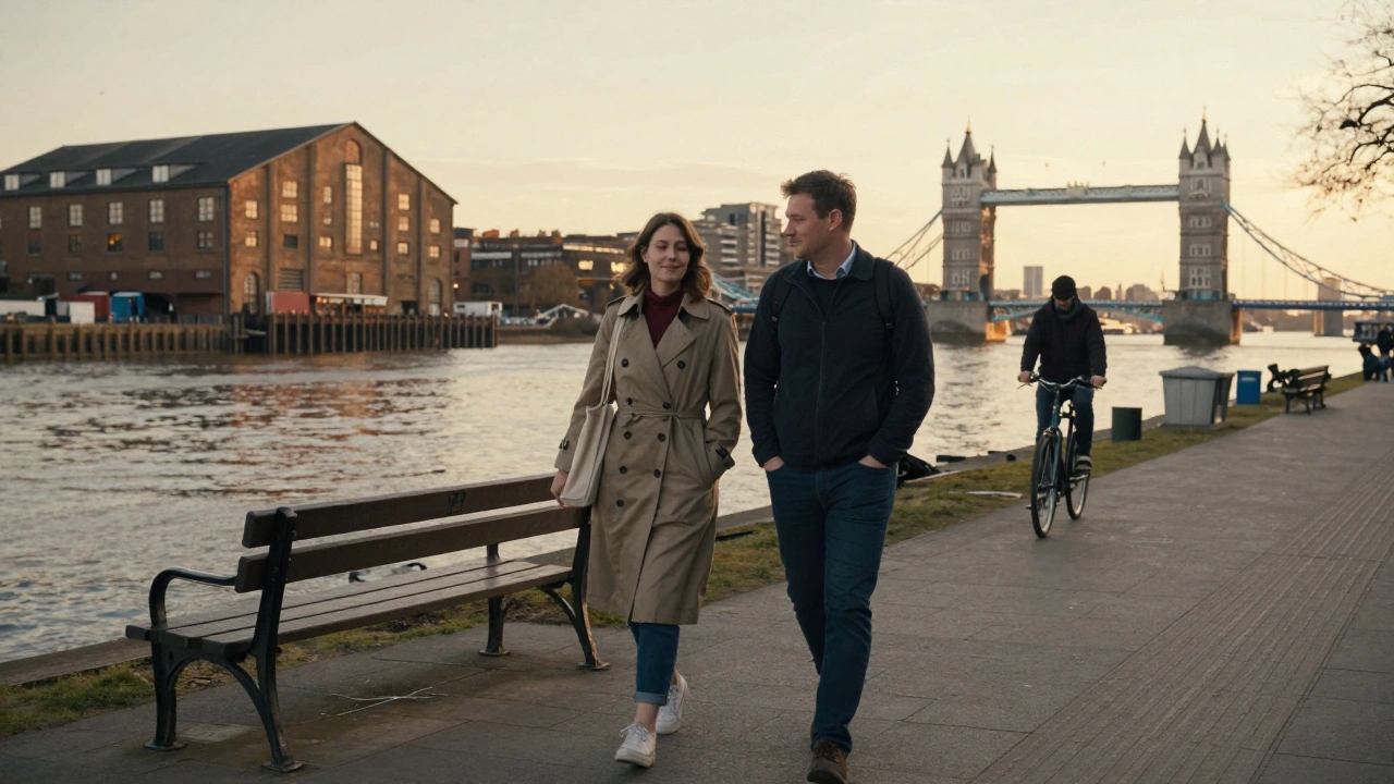 Two people walking peacefully along the Thames Path in Poplar at sunset.