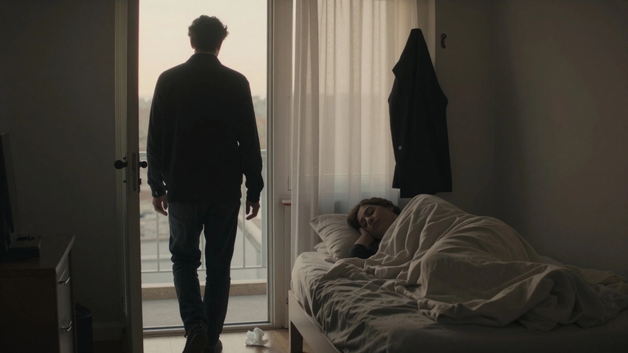 Two silhouettes in a quiet morning after a casual encounter, one leaving, the other alone in bed with dawn light filtering through curtains.