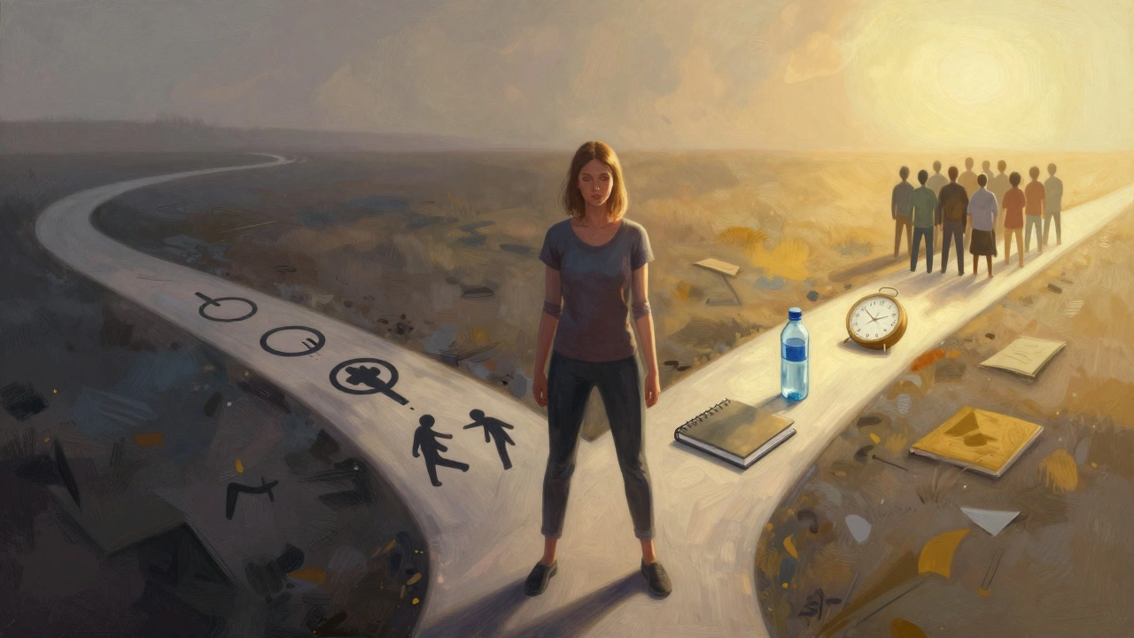 Woman at a crossroads, one path dark with exhaustion, the other bright with health and community.