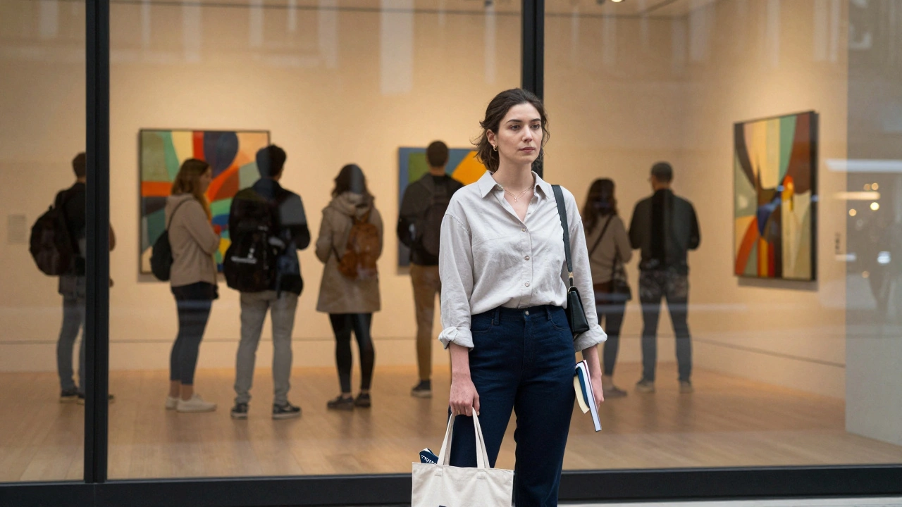 Woman standing outside an art gallery in London, dressed elegantly, holding a book.