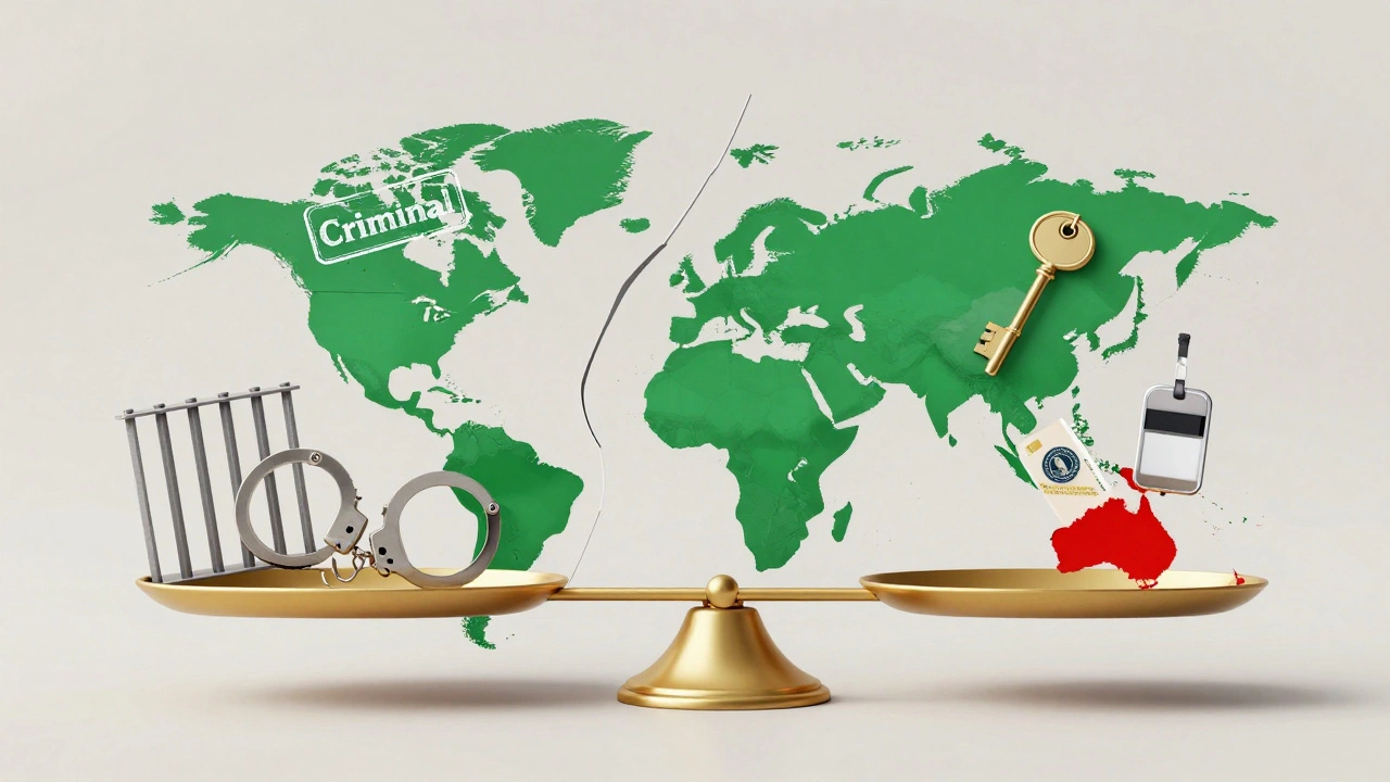 A broken scale contrasting criminalization with rights like healthcare, banking, and union protection.