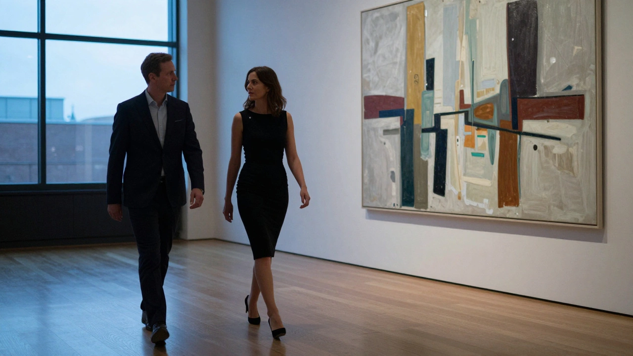 A client and companion viewing modern art together in Tate Modern at dusk.