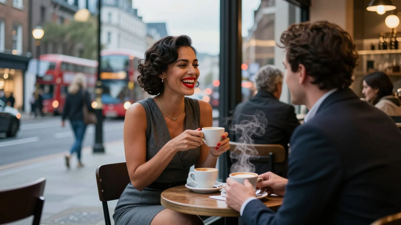 A confident BBW escort laughing with a client over coffee in a bustling London café at dusk.