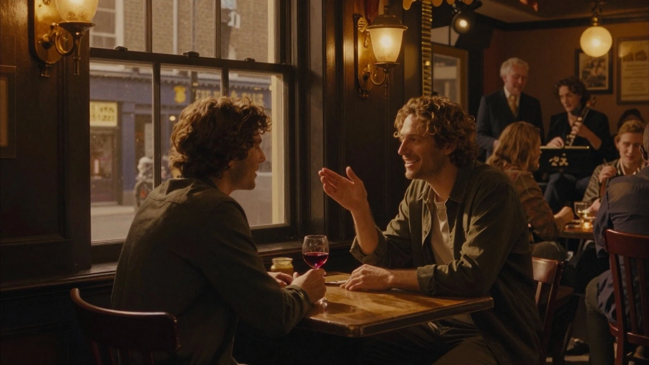 A couple sharing a quiet moment in a cozy pub, laughing softly by the window with warm lighting and live jazz in the background.