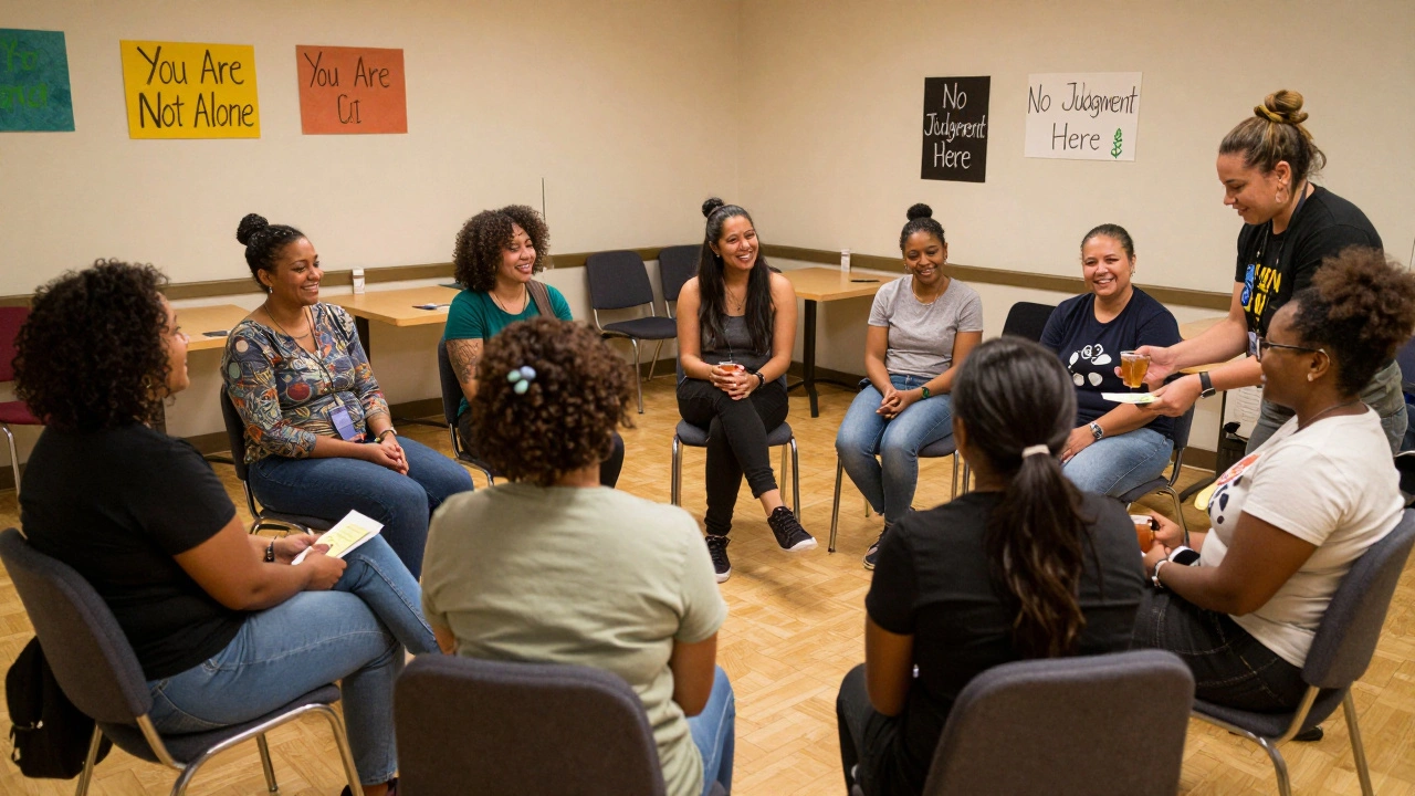 A diverse group of sex workers gather in a circle in a community center, sharing stories with warmth and support, surrounded by handmade signs of solidarity.