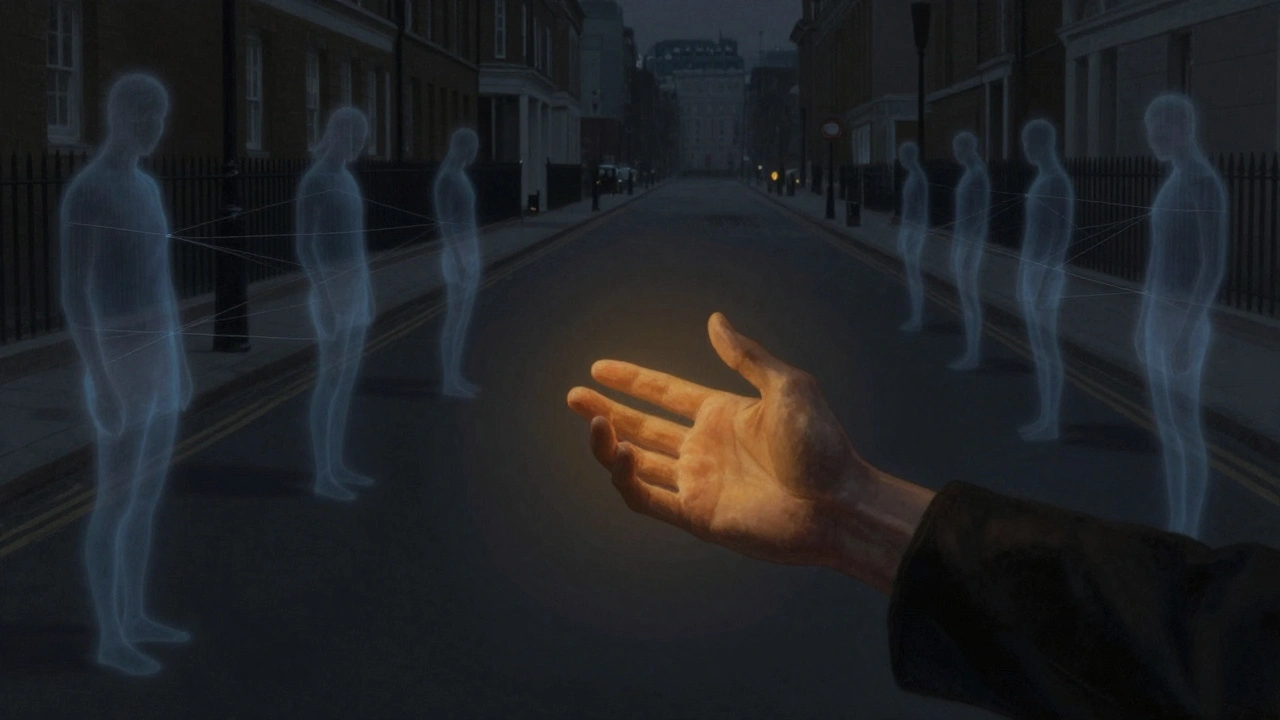A hand reaching out to hold another in a dark street, symbolizing connection amid loneliness.