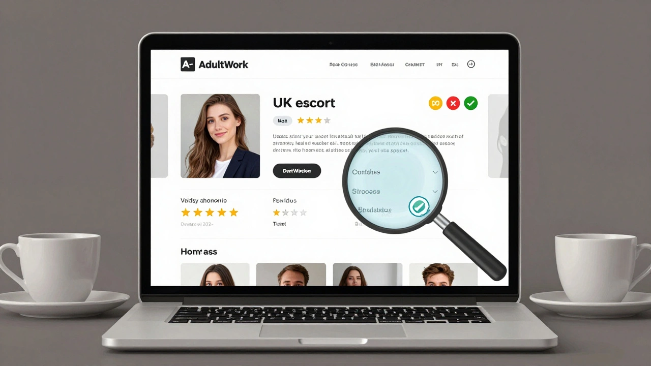 A laptop screen showing a verified escort profile with real photos and reviews on a trusted UK platform.