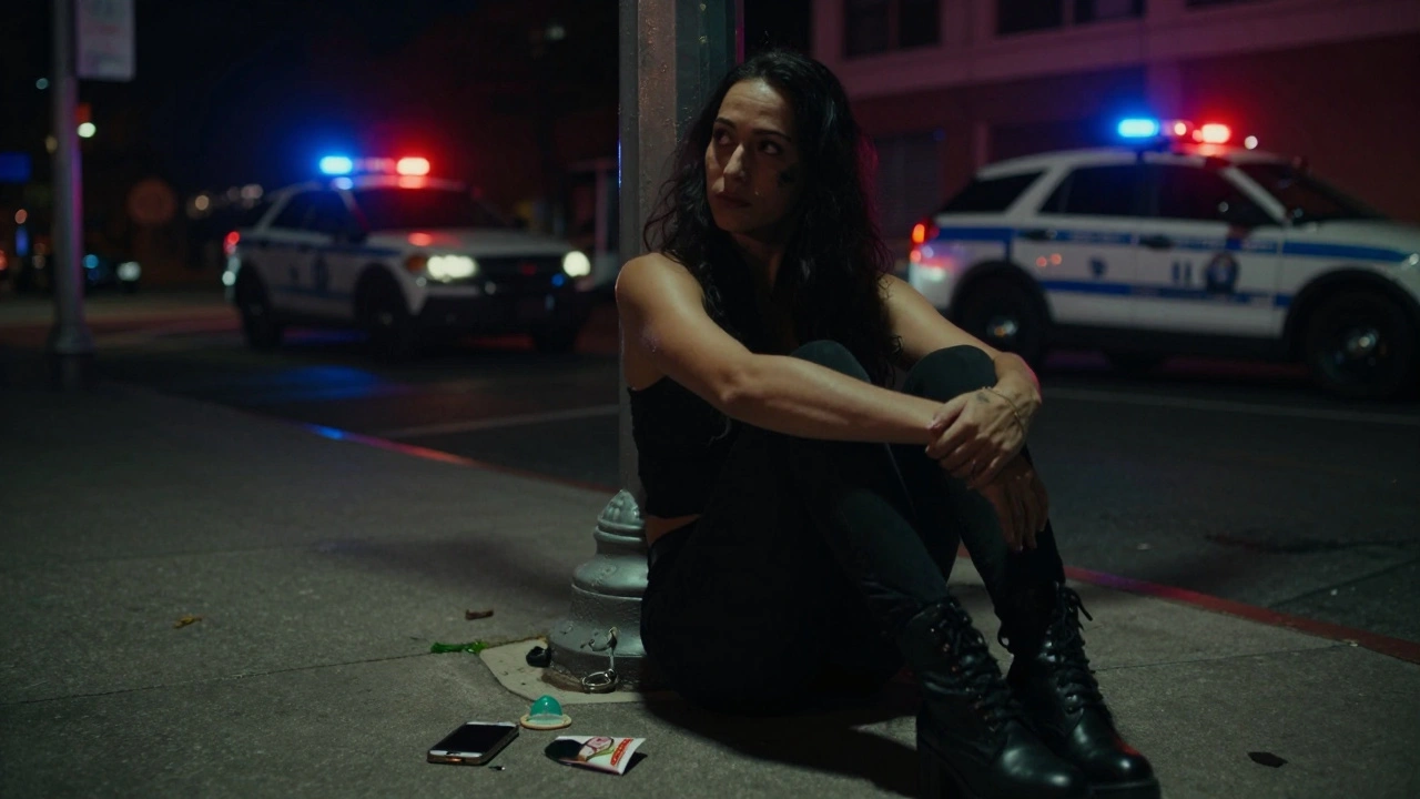 A lone worker on a dark street, police lights in distance, symbolizing fear under criminalization.