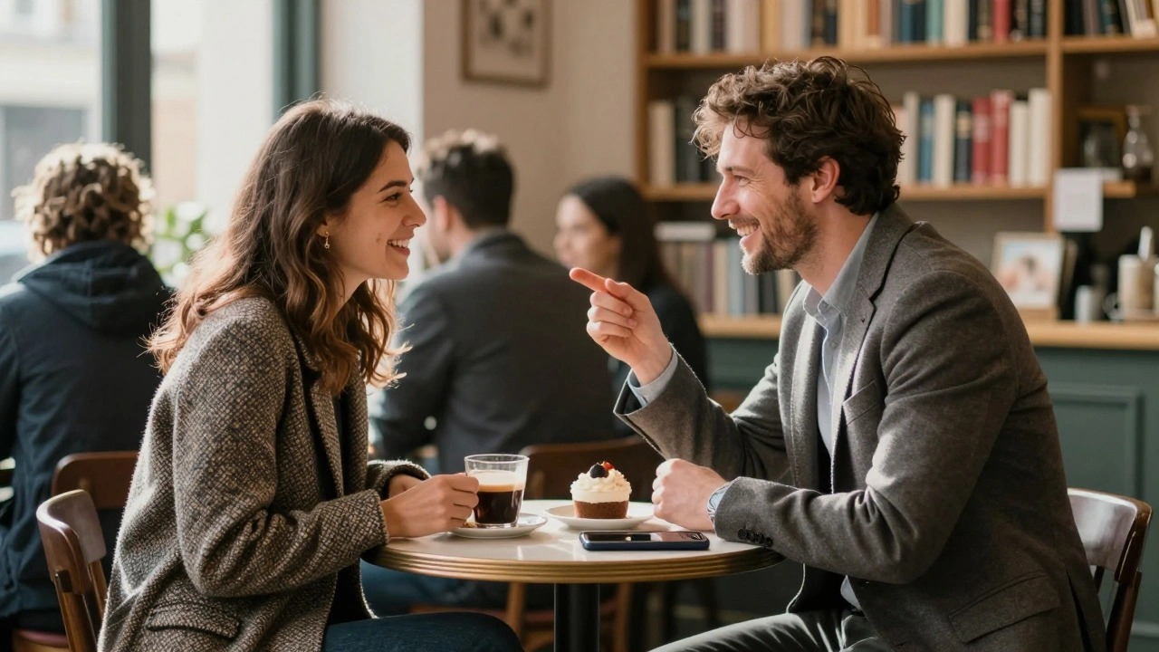 A man and woman talking warmly in a cozy London café, enjoying dessert together during afternoon light.