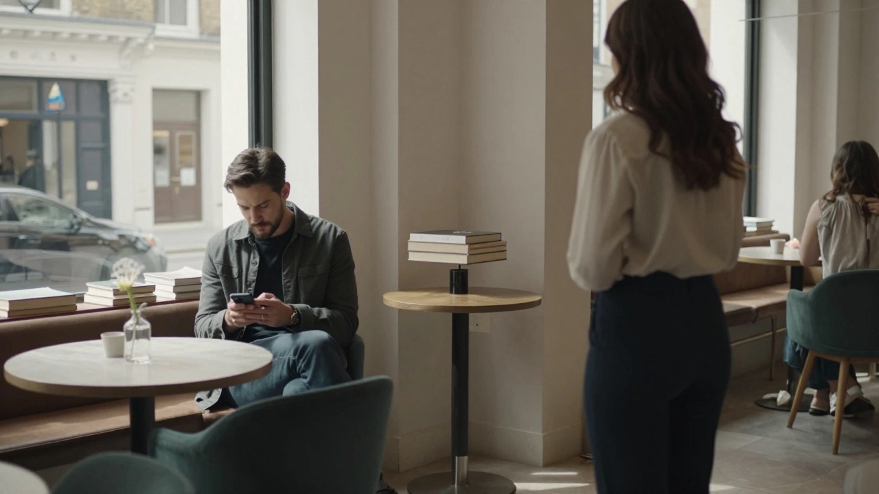 A man waiting in a stylish Mayfair coffee shop as an independent escort arrives for their first meeting.