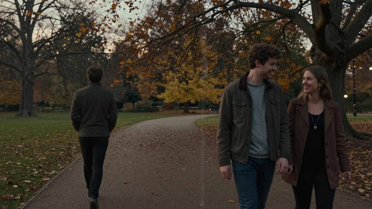 A man walking alone versus walking with a companion in Hyde Park, symbolizing emotional connection.