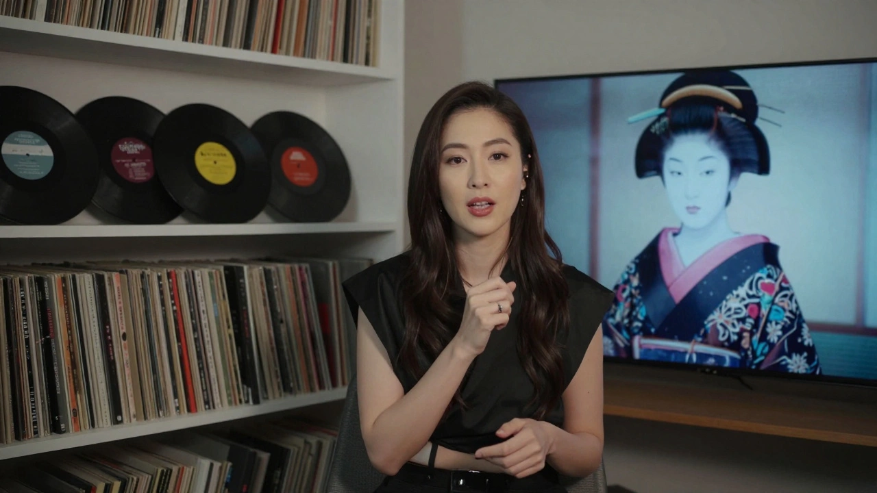 A modern influencer filming in Tokyo, her reflection blending with a historical geisha.