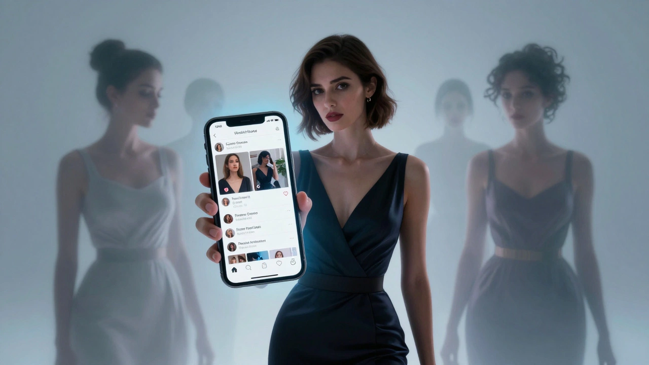 A modern woman with a smartphone, faint images of historical courtesans fading behind her.