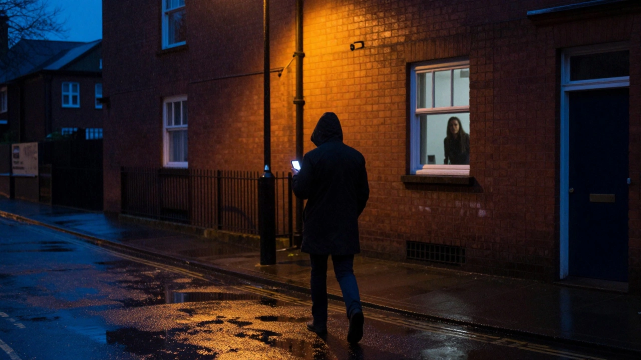 A person walking away in the rain at night, reflection showing a watcher in a window—discretion and safety emphasized.