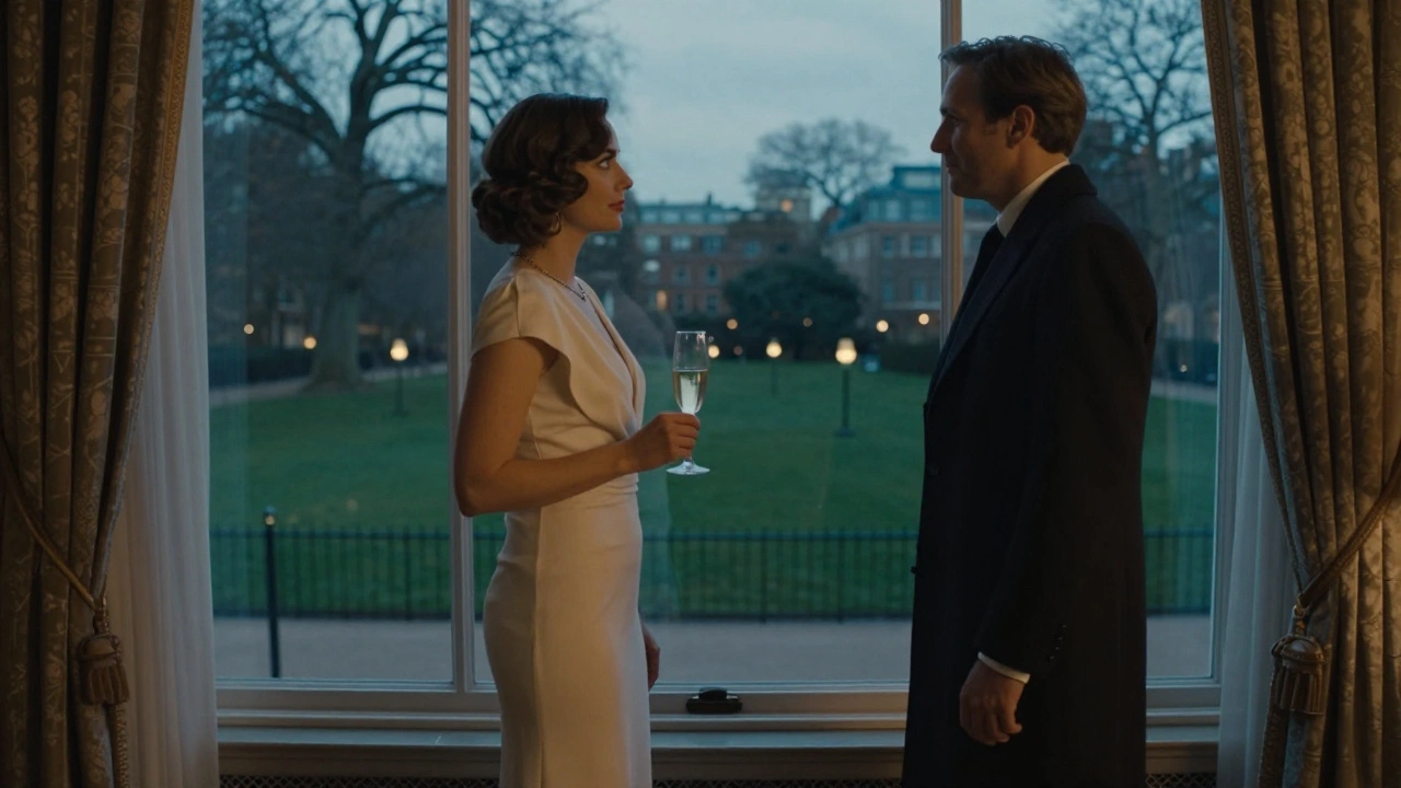 A poised woman stands by a window in a London hotel suite, champagne in hand, as twilight settles over the city.