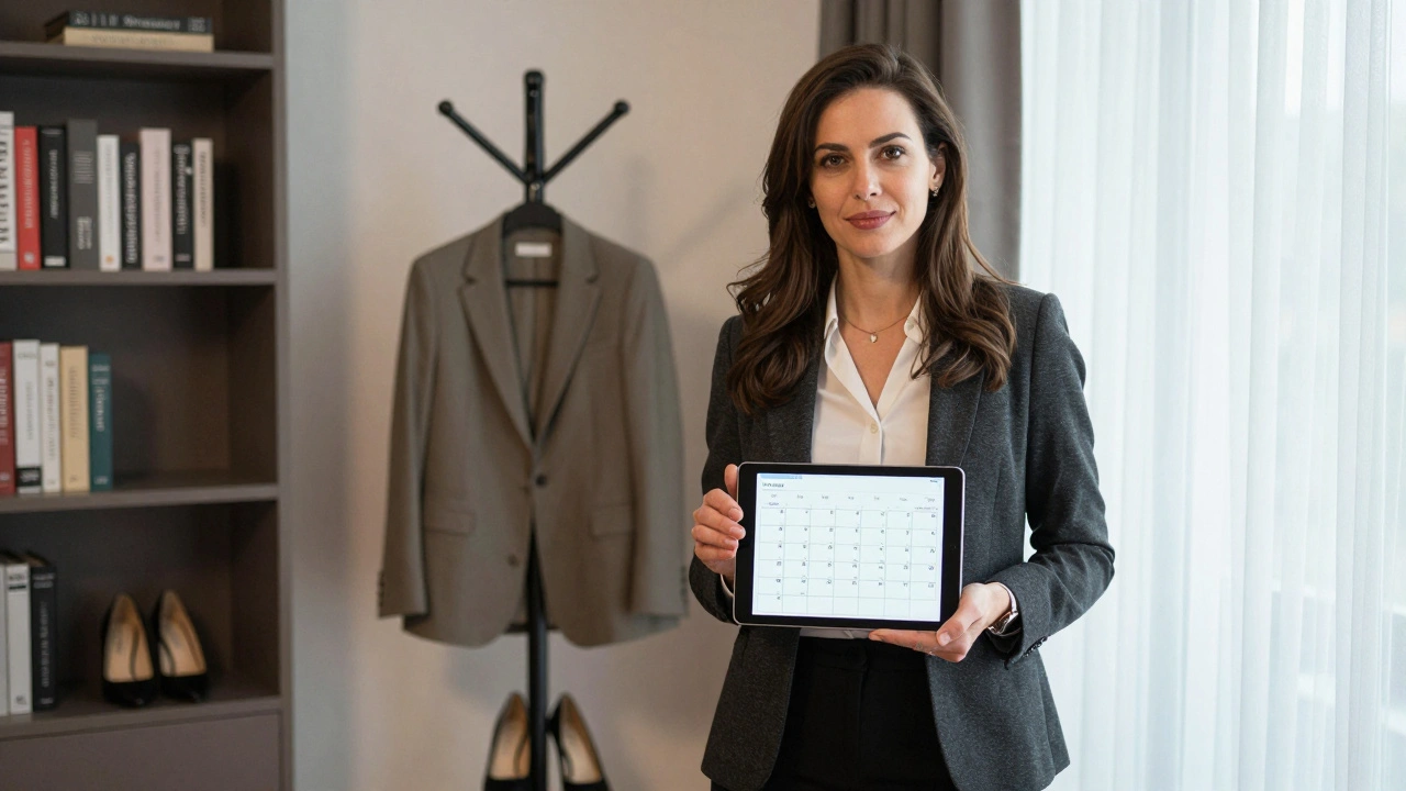 A professional female escort in a stylish apartment, holding a tablet with booking calendar, natural light.